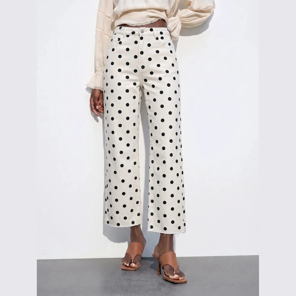 Ivory Polka Dot Raw Hem Cropped Straight Leg Jeans